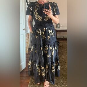 Elie Tahari Navy Maxi Dress with Gold Floral Embroidery